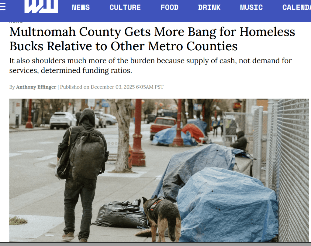 WW headline: “Multnomah County Gets More Bang For Homeless Bucks relative to Other Metro Counties”